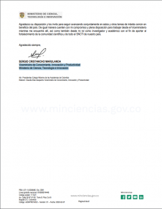 Carta del viceministro de Conocimiento, Innovación y Productividad Ministerio de Ciencia, Tecnología e Innovación