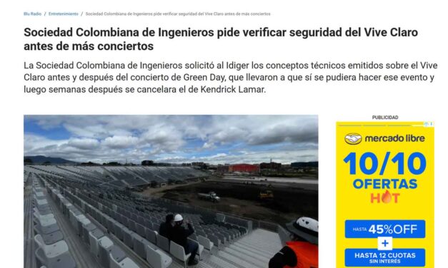 Sociedad Colombiana de Ingenieros pide verificar seguridad del Vive Claro antes de más conciertos